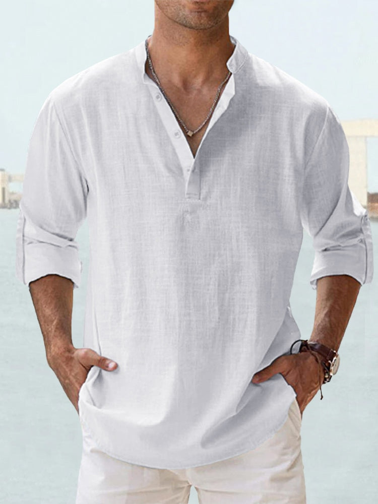 Casual Linen-Blend Shirt with Band Collar and Half Placket Style
