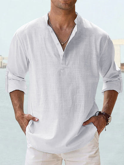 Casual Linen-Blend Shirt with Band Collar and Half Placket Style