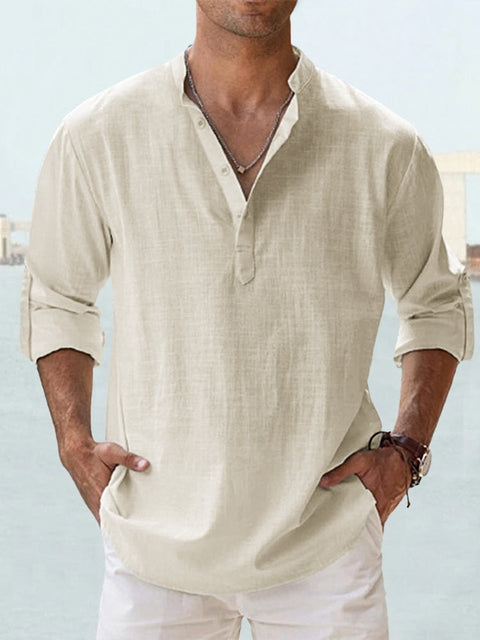 Casual Linen-Blend Shirt with Band Collar and Half Placket Style