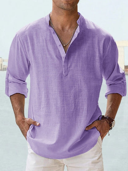 Casual Linen-Blend Shirt with Band Collar and Half Placket Style