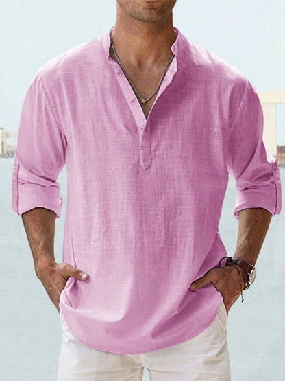 Casual Linen-Blend Shirt with Band Collar and Half Placket Style