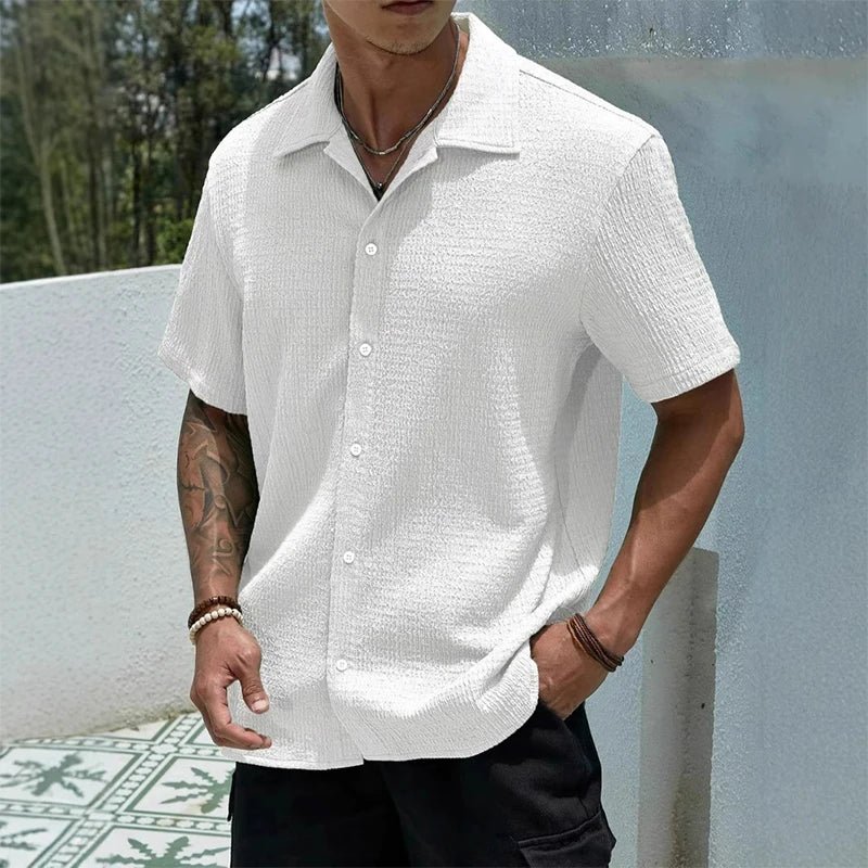 Casual Shirt with Cuban Collar and Classic Button Front Design