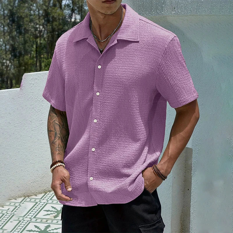 Casual Shirt with Cuban Collar and Classic Button Front Design
