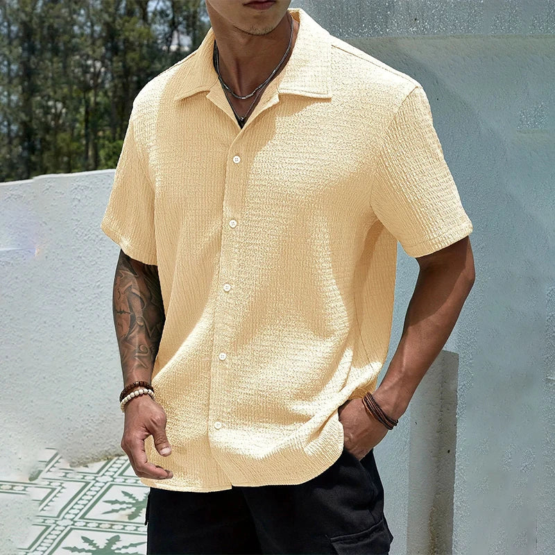 Casual Shirt with Cuban Collar and Classic Button Front Design