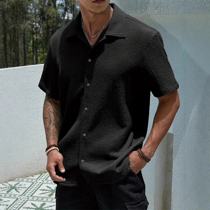 Casual Shirt with Cuban Collar and Classic Button Front Design
