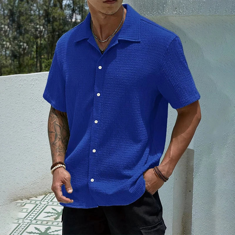Casual Shirt with Cuban Collar and Classic Button Front Design