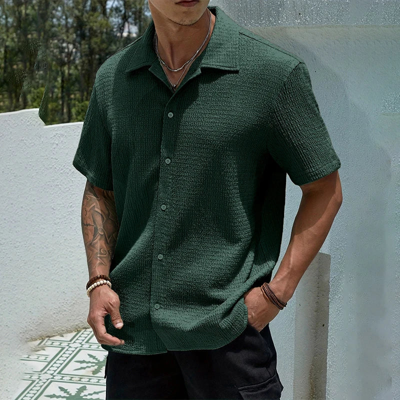 Casual Shirt with Cuban Collar and Classic Button Front Design