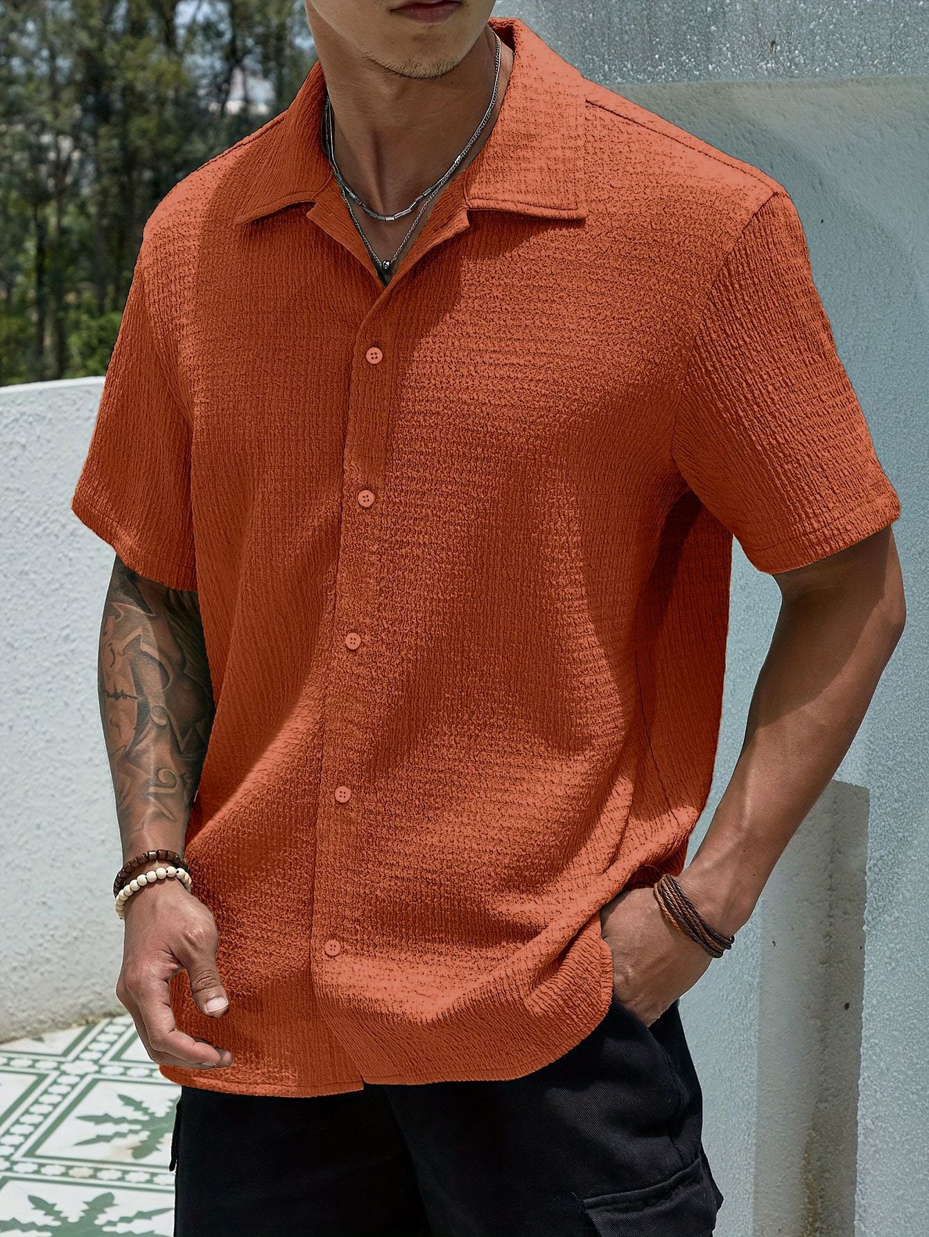 Casual Shirt with Cuban Collar and Classic Button Front Design