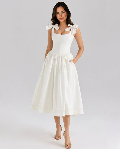 Caulriel | Women's Maxi High-Waist Bow Strap Midi Dress with Gathered Skirt