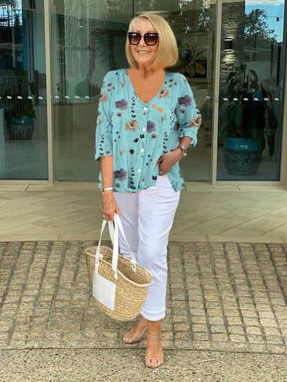 Kourtney | Women's Printed Blouse with Three Quarter Sleeve and Button Front Closure