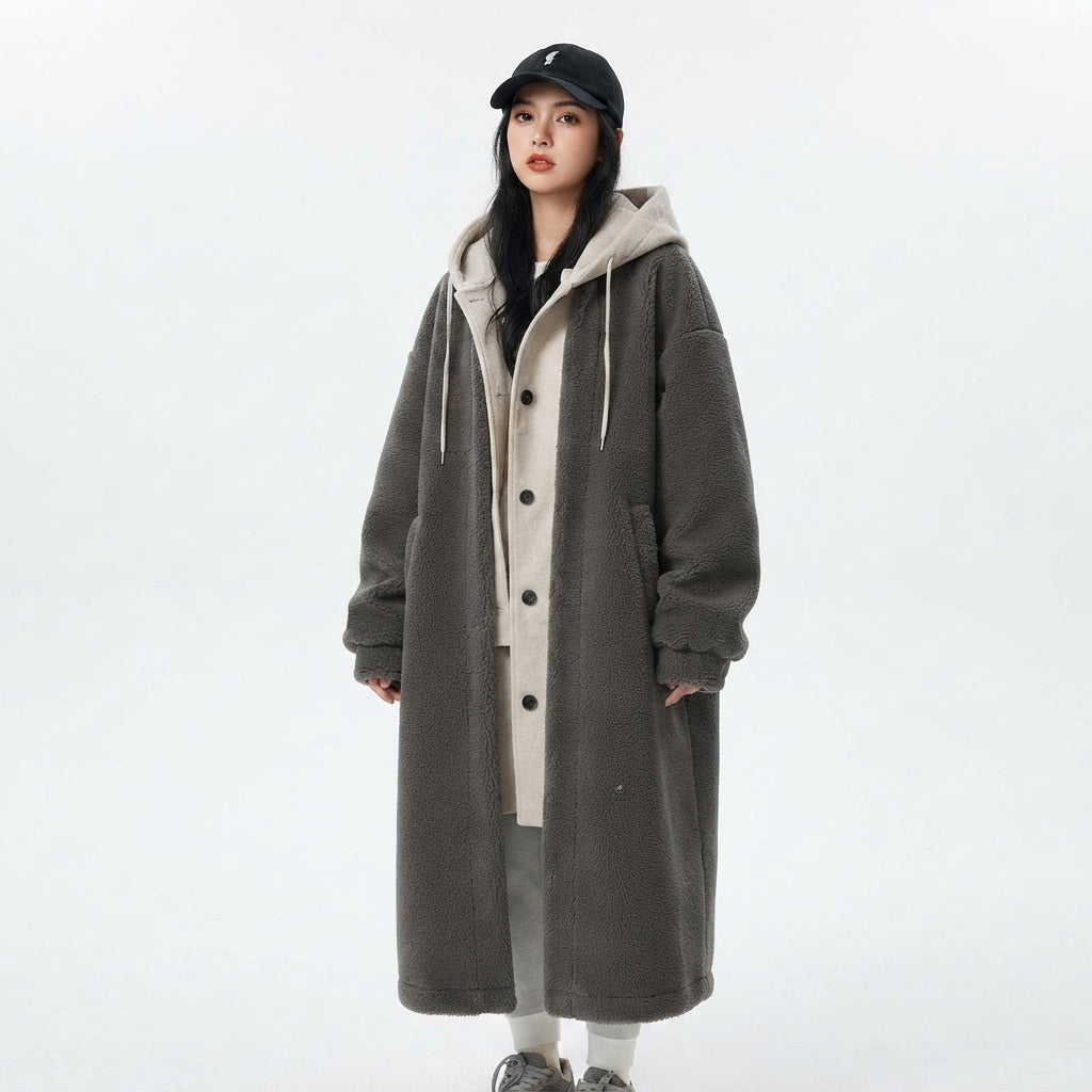 Women's Teddy Coat with Hood - Fleece Winter Overcoat