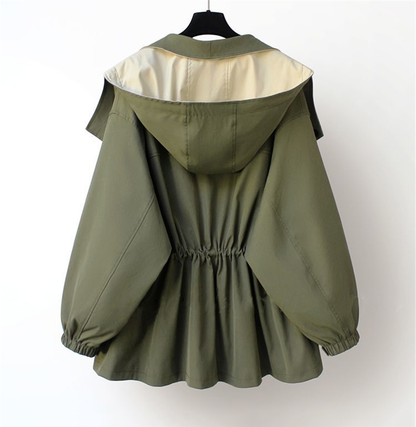 Women’s Hooded Trench Coat - Drawstring Waist Jacket