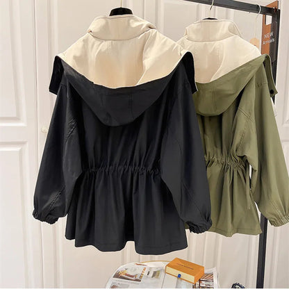 Women’s Hooded Trench Coat - Drawstring Waist Jacket