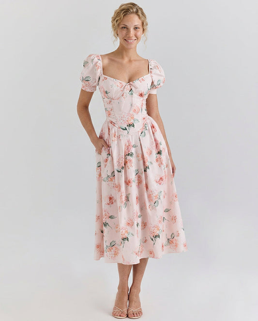 Clyara | Puff Sleeve Corset Bodice Midi Dress | Wedding Guest