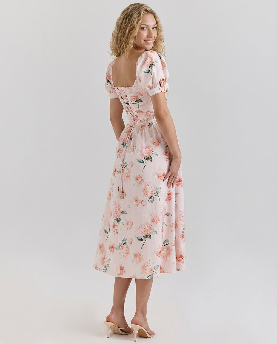 Clyara | Puff Sleeve Corset Bodice Midi Dress | Wedding Guest