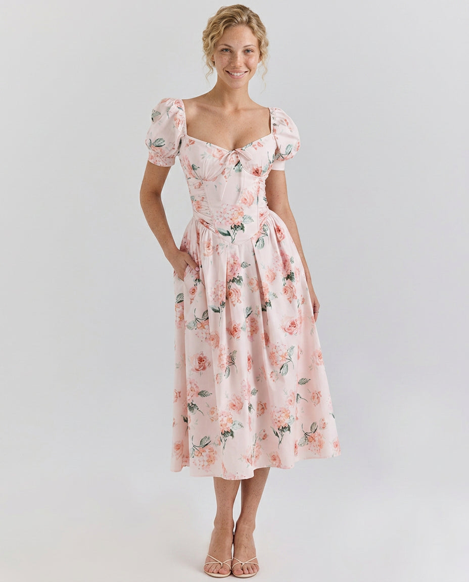 Clyara | Puff Sleeve Corset Bodice Midi Dress | Wedding Guest