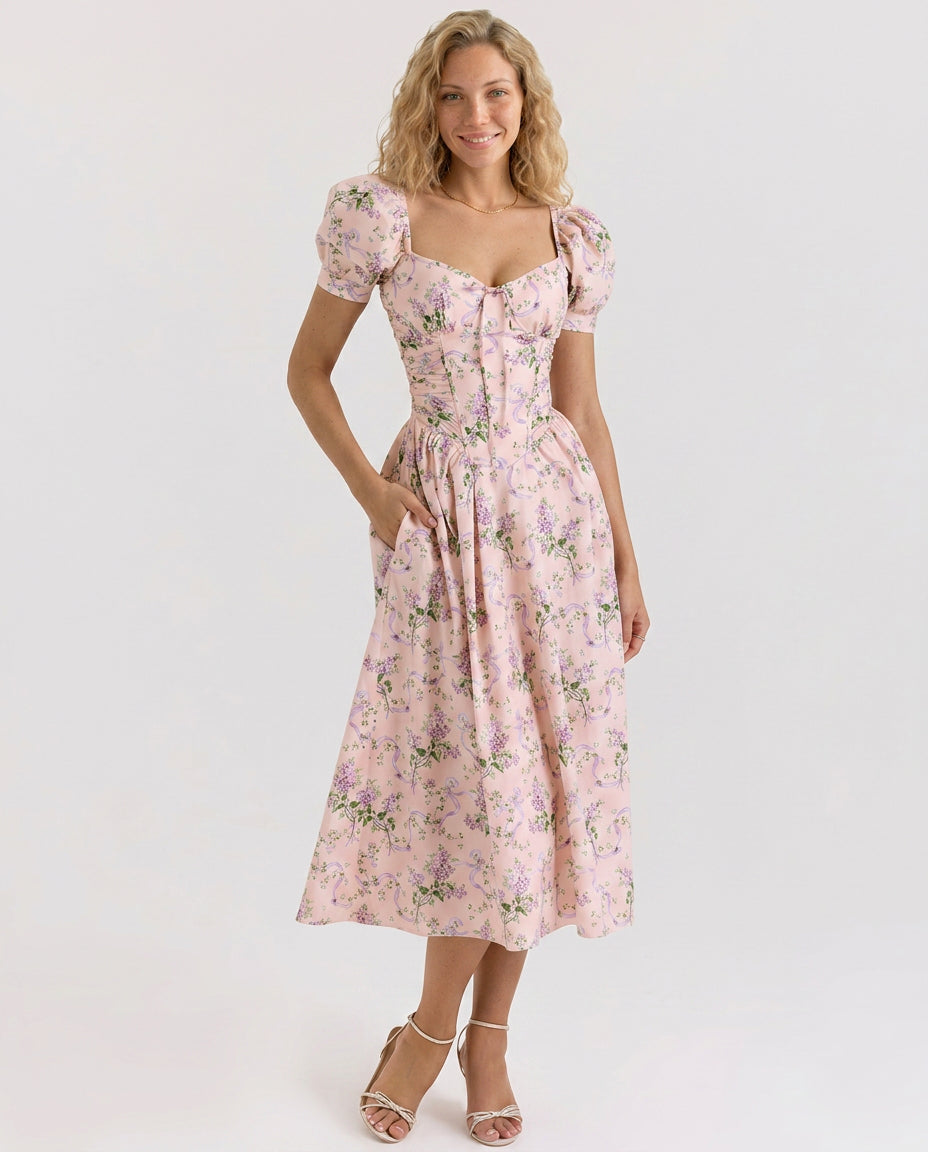 Clyara | Puff Sleeve Corset Bodice Midi Dress | Wedding Guest
