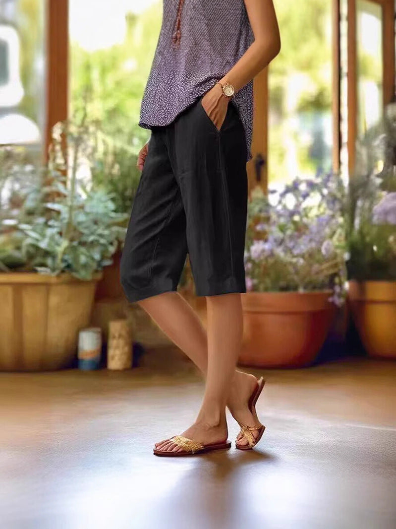 Coraoura | Denim High-Waist Straight Leg Knee Length Shorts