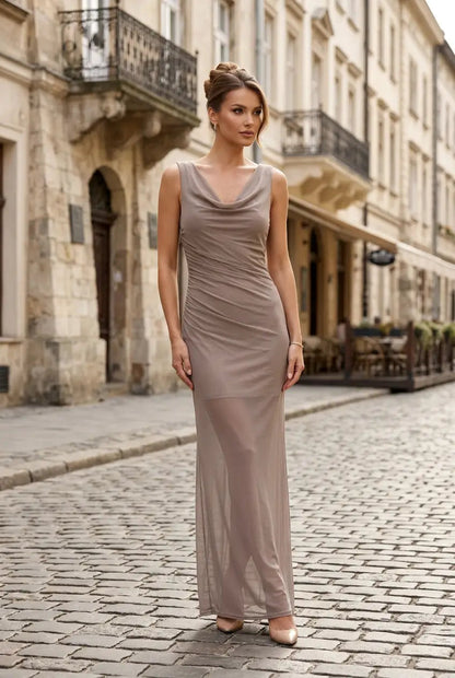 Coraria | Cowl Neck Ruched Evening Maxi | Wedding Guest Dress