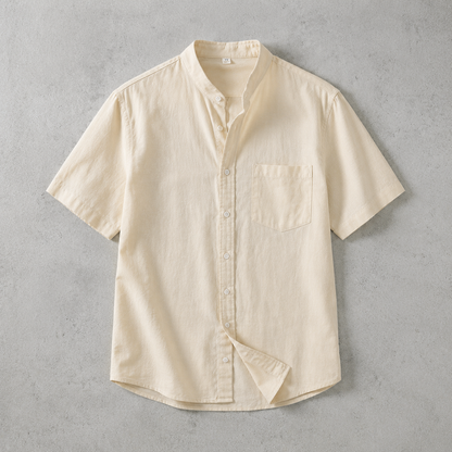 Men's Band Collar Shirt - Short Sleeve Casual Button Down