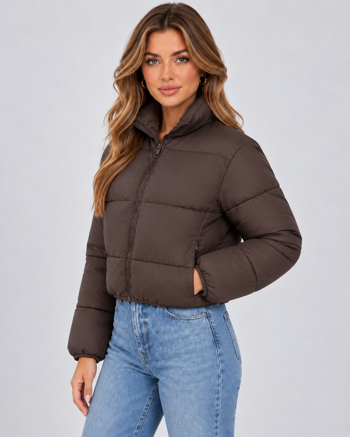 Women's Puffer Jacket - Cropped Quilted High Collar Jacket