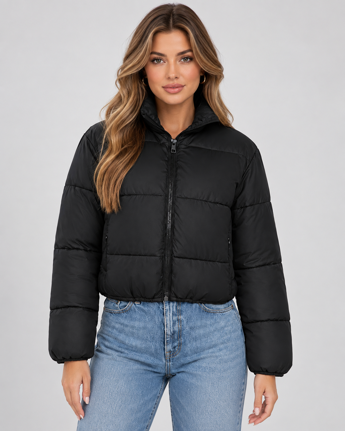 Women's Puffer Jacket - Cropped Quilted High Collar Jacket