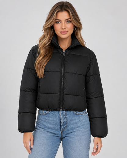 Women's Puffer Jacket - Cropped Quilted High Collar Jacket