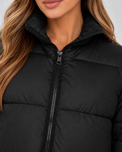 Women's Puffer Jacket - Cropped Quilted High Collar Jacket