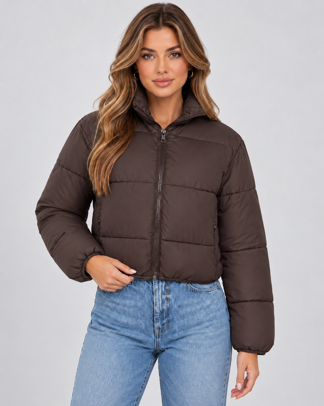 Women's Puffer Jacket - Cropped Quilted High Collar Jacket