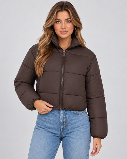 Women's Puffer Jacket - Cropped Quilted High Collar Jacket