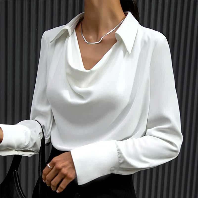 Raina | Classic Elegant Office Blouse with Long Sleeve Draped Neckline Design