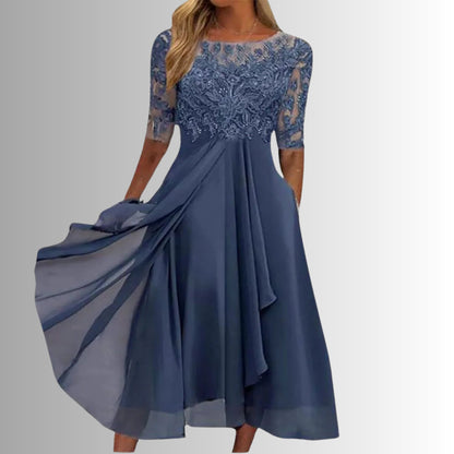 Dahlstine | Lace Bodice Midi Dress with Sheer Sleeves | Wedding Guest