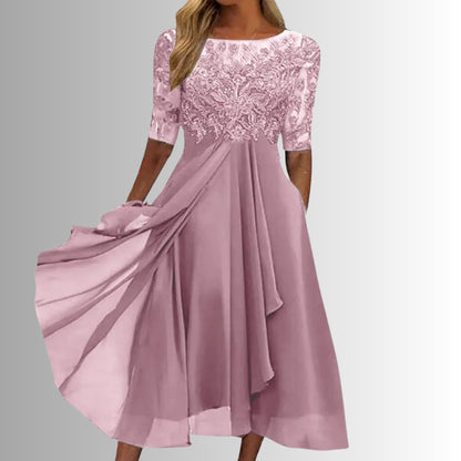 Dahlstine | Lace Bodice Midi Dress with Sheer Sleeves | Wedding Guest
