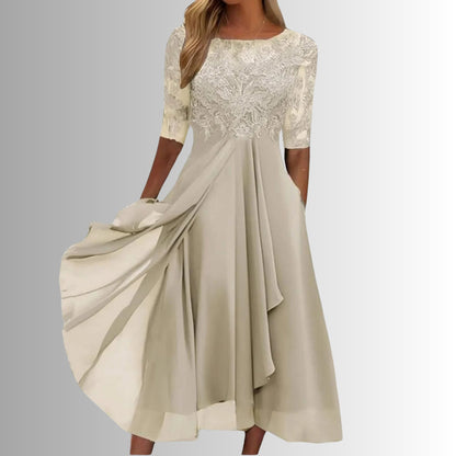 Dahlstine | Lace Bodice Midi Dress with Sheer Sleeves | Wedding Guest