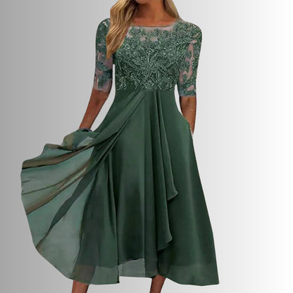 Dahlstine | Lace Bodice Midi Dress with Sheer Sleeves | Wedding Guest