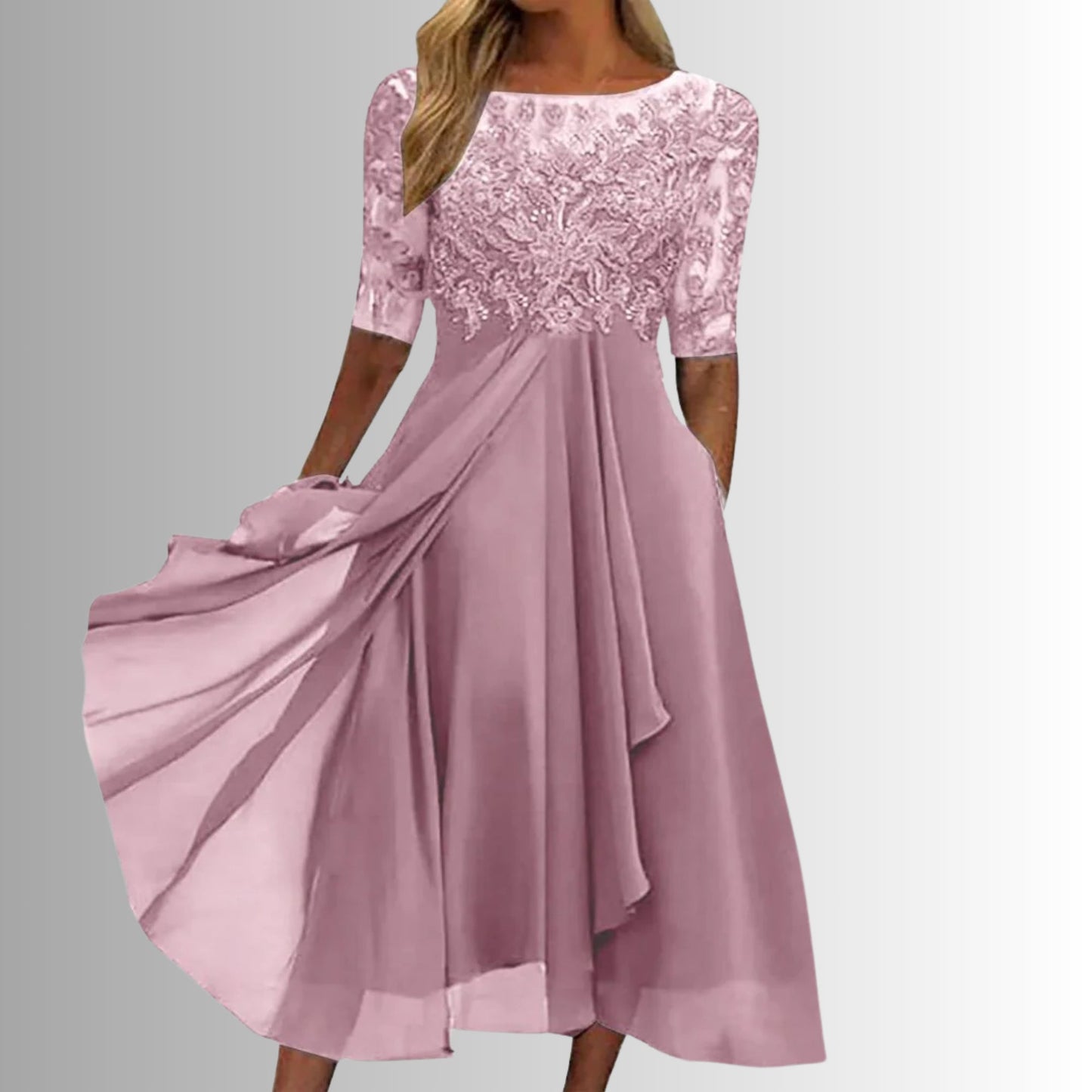 Dahlstine | Lace Bodice Midi Dress with Sheer Sleeves | Wedding Guest