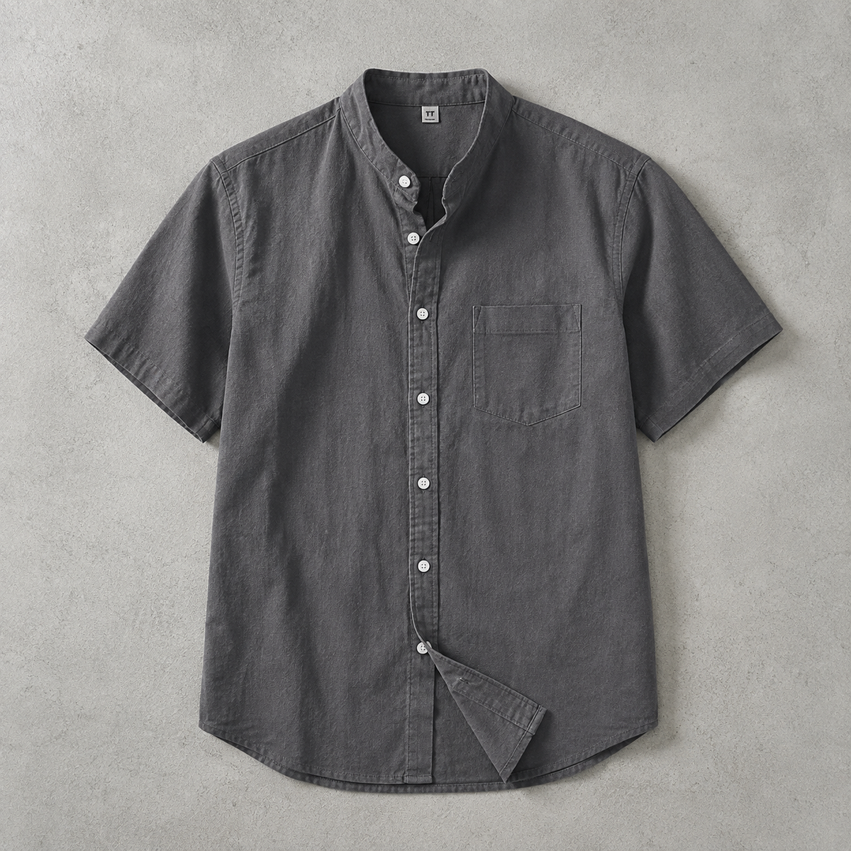 Men's Band Collar Shirt - Short Sleeve Casual Button Down