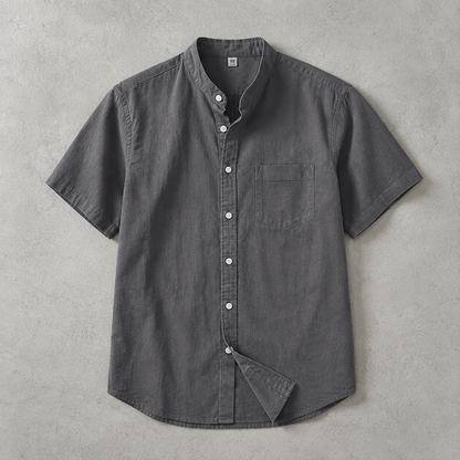 Men's Band Collar Shirt - Short Sleeve Casual Button Down