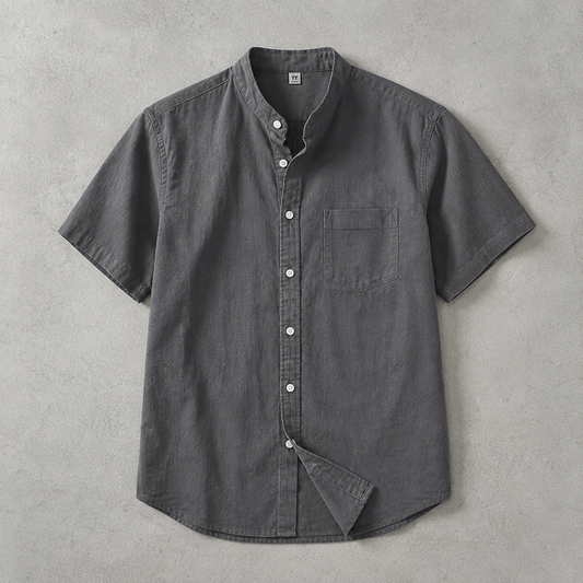 Men's Band Collar Shirt - Short Sleeve Casual Button Down