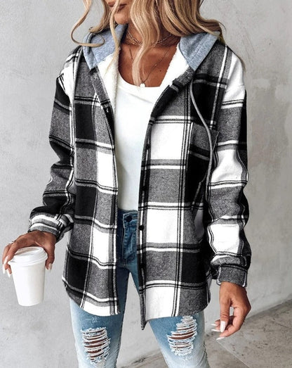 Women's Plaid Flannel Shacket - Hooded Shirt Jacket