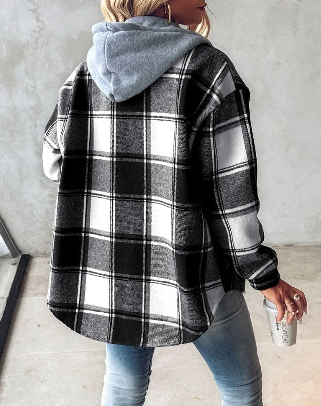Women's Plaid Flannel Shacket - Hooded Shirt Jacket