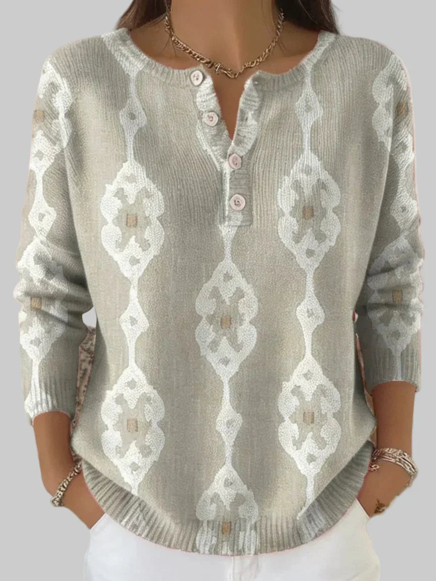 Women's Graphic Print Sweater – Button Detail Long Sleeve