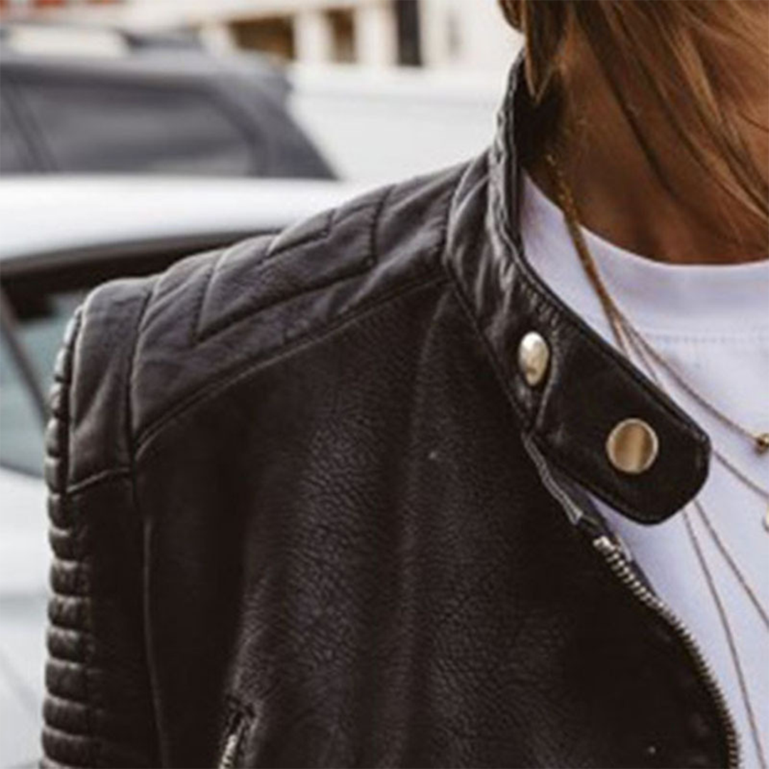 Women’s Leather Biker Jacket - Quilted Shoulder Zip Front