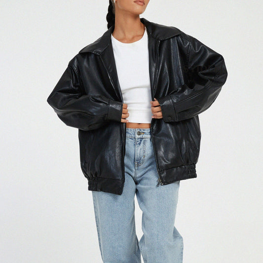 Women's Leather Bomber Jacket - Zip Front Elastic Cuffs