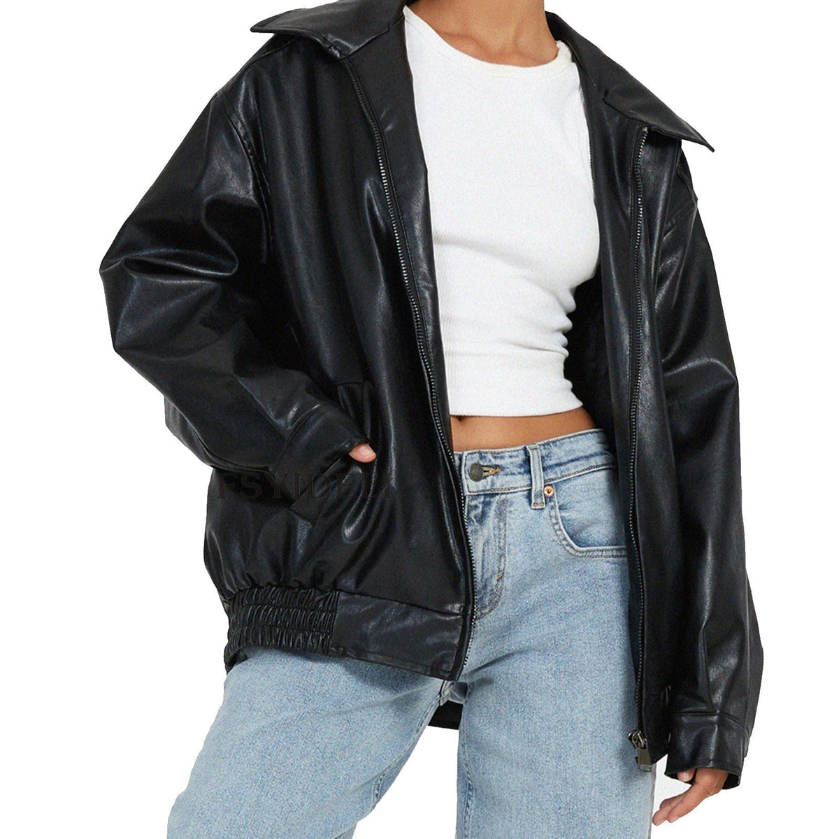 Women's Leather Bomber Jacket - Zip Front Elastic Cuffs