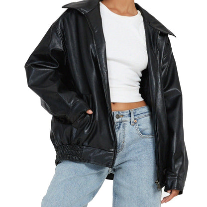 Women's Leather Bomber Jacket - Zip Front Elastic Cuffs