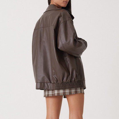 Women's Leather Bomber Jacket - Zip Front Elastic Cuffs