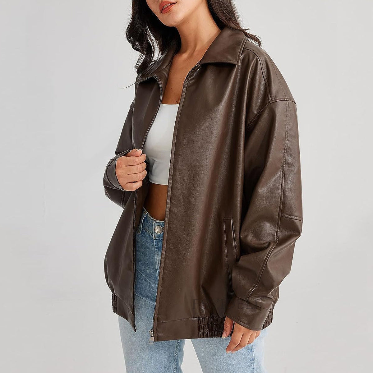 Women's Leather Bomber Jacket - Zip Front Elastic Cuffs