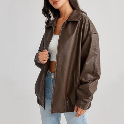 Women's Leather Bomber Jacket - Zip Front Elastic Cuffs
