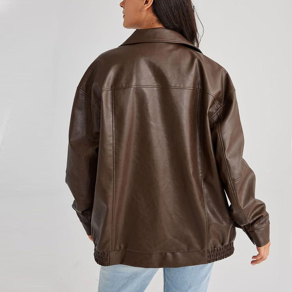 Women's Leather Bomber Jacket - Zip Front Elastic Cuffs